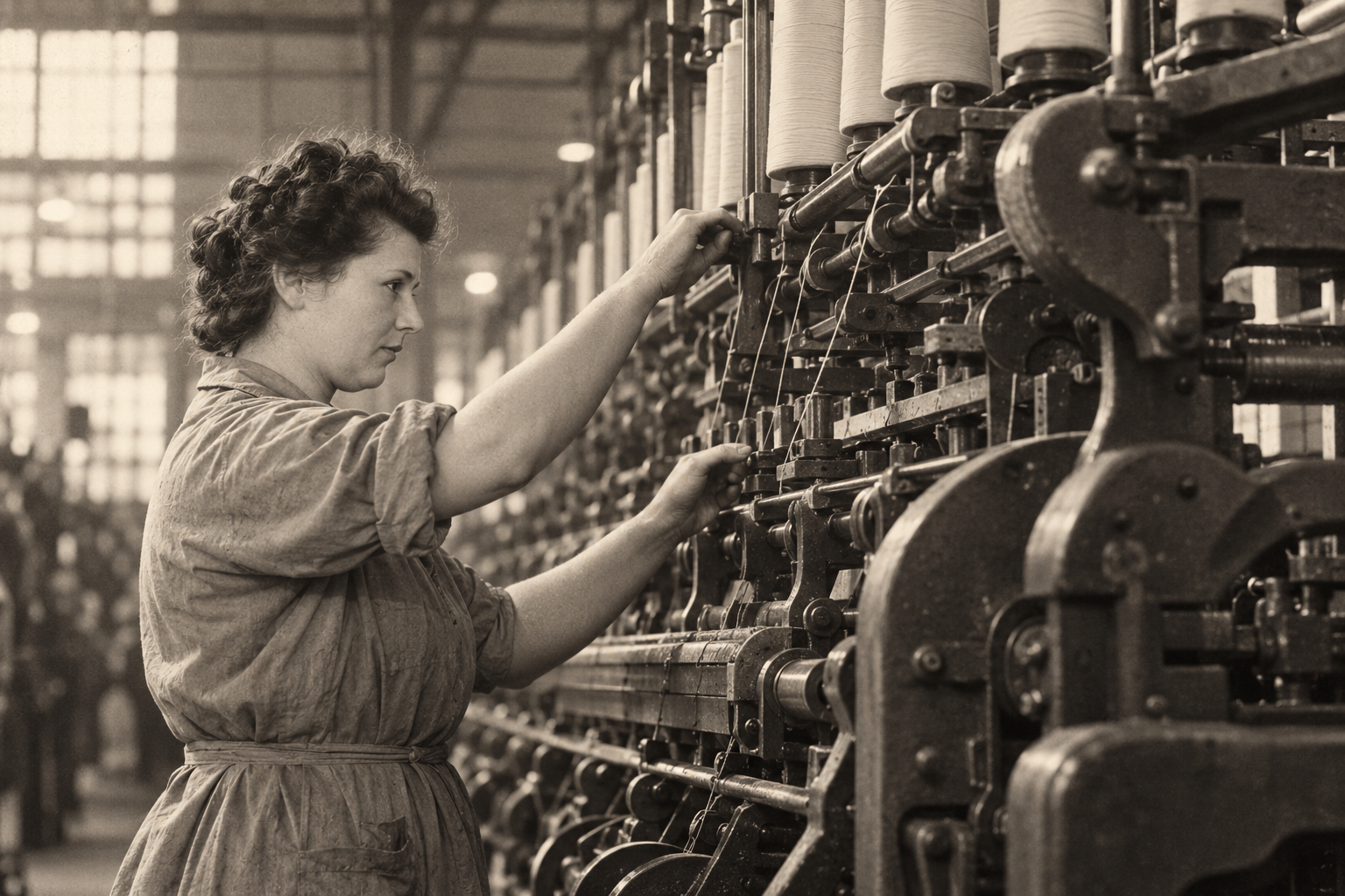 Historic mill worker beside textile machinery