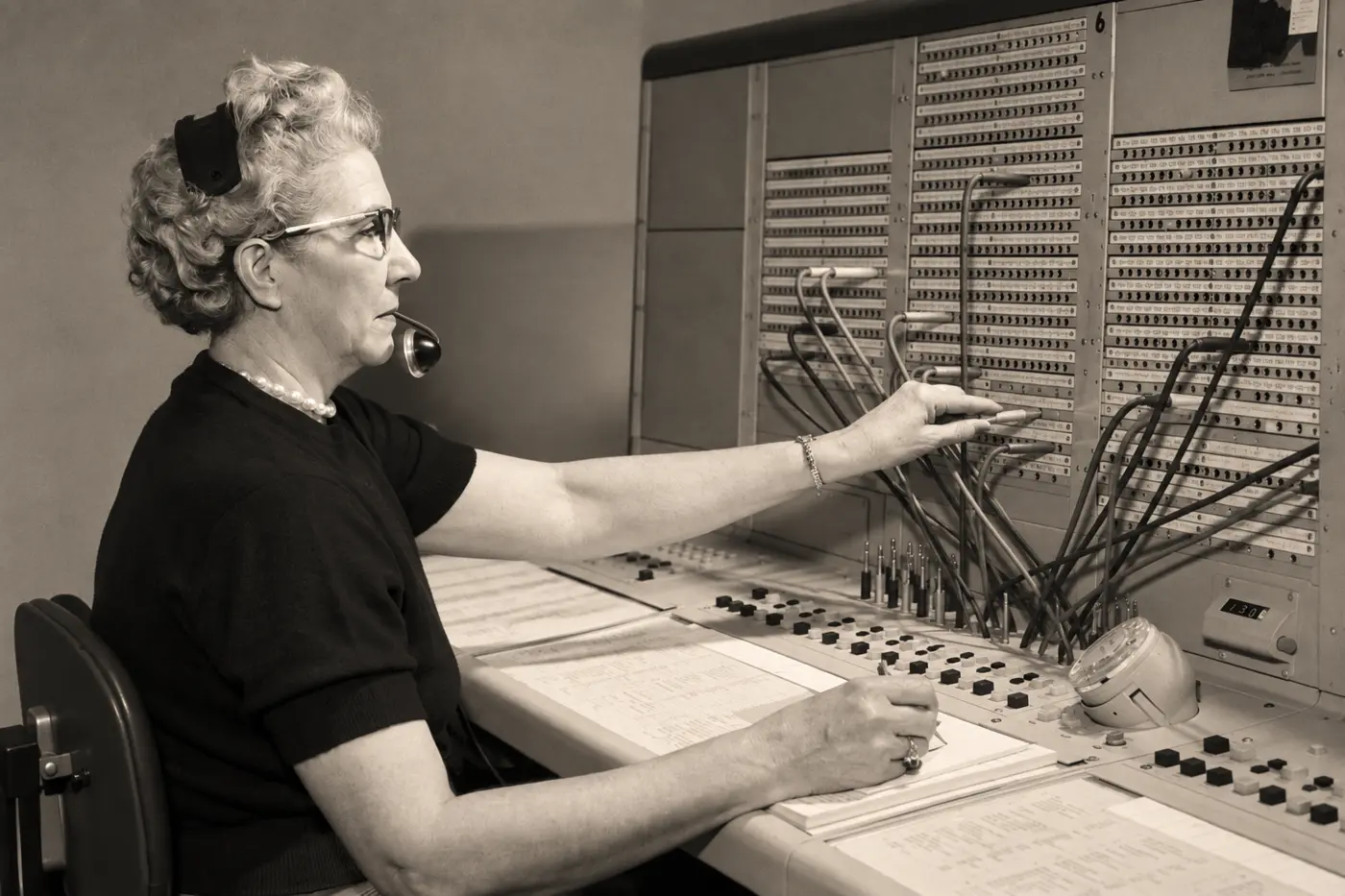 An operator working carefully at a telephone exchange